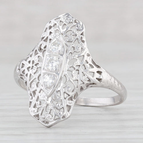 Light Gray Vintage 0.12ctw Diamond 3-Stone Filigree Ring 18k White Gold Size 9.5