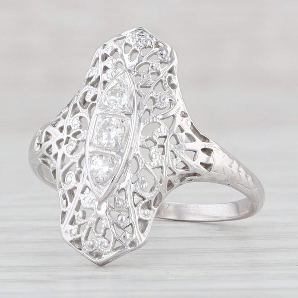 Light Gray Vintage 0.12ctw Diamond 3-Stone Filigree Ring 18k White Gold Size 9.5