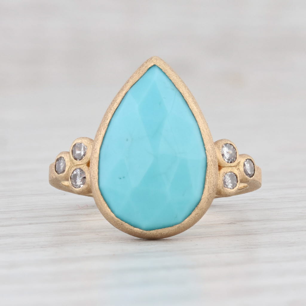 Light Gray New Nina Nguyen Turquoise Diamond Ring 18k Yellow Gold Size 6.5 Teardrop