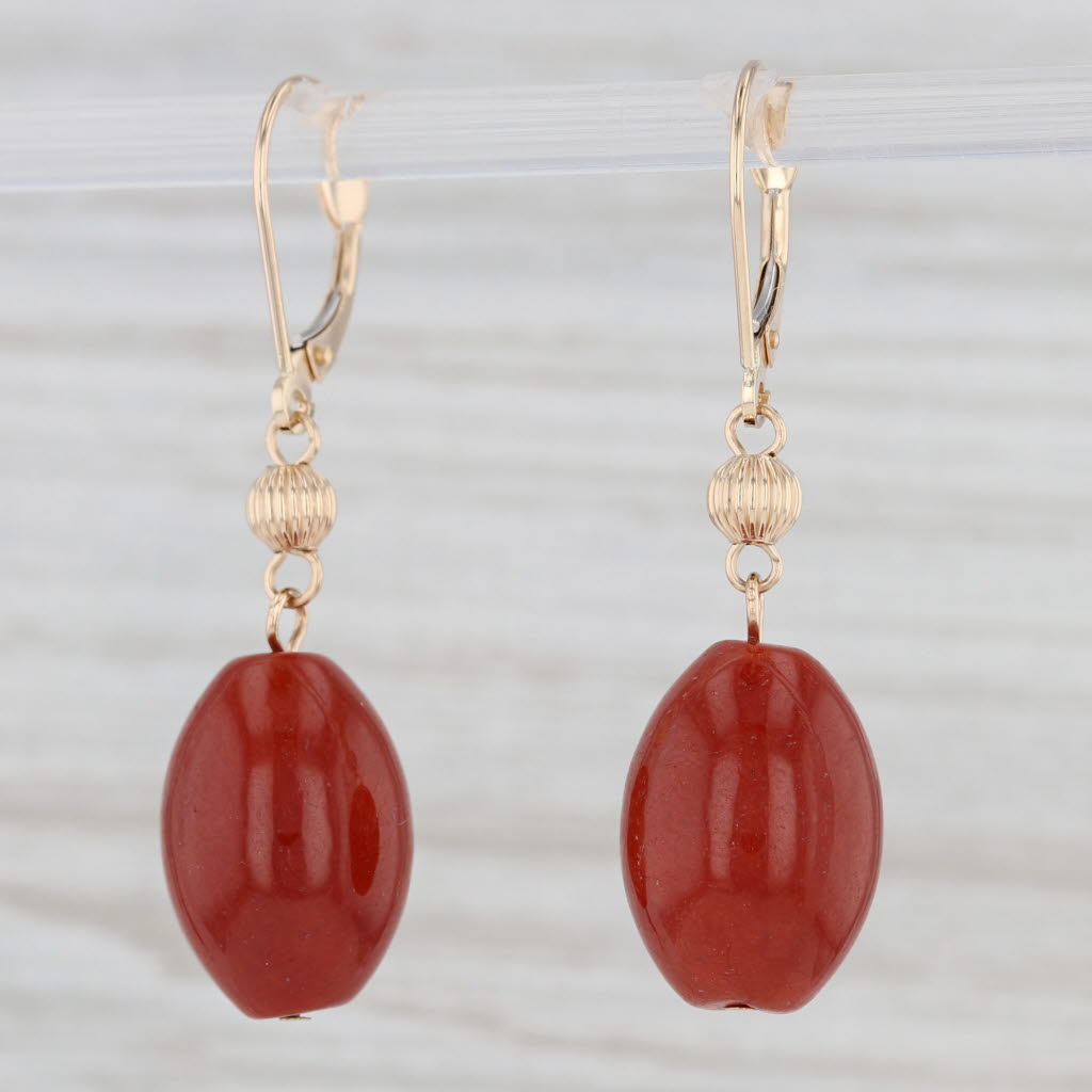 Light Gray Red Jadeite Jade Dangle Earrings 14k Yellow Gold Bead Drops