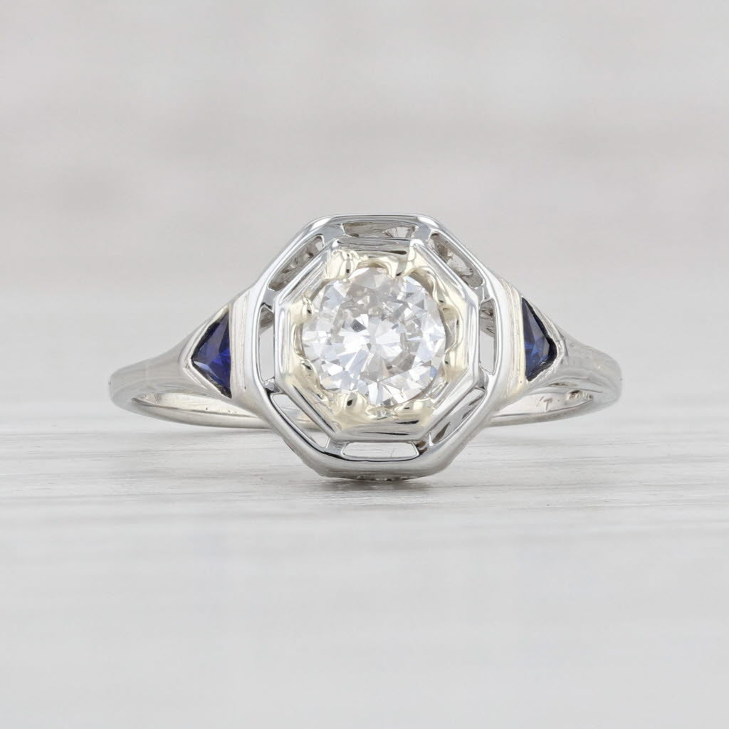 Light Gray Art Deco 0.41ctw Diamond Synthetic Sapphire Ring 18k White Gold Engagement