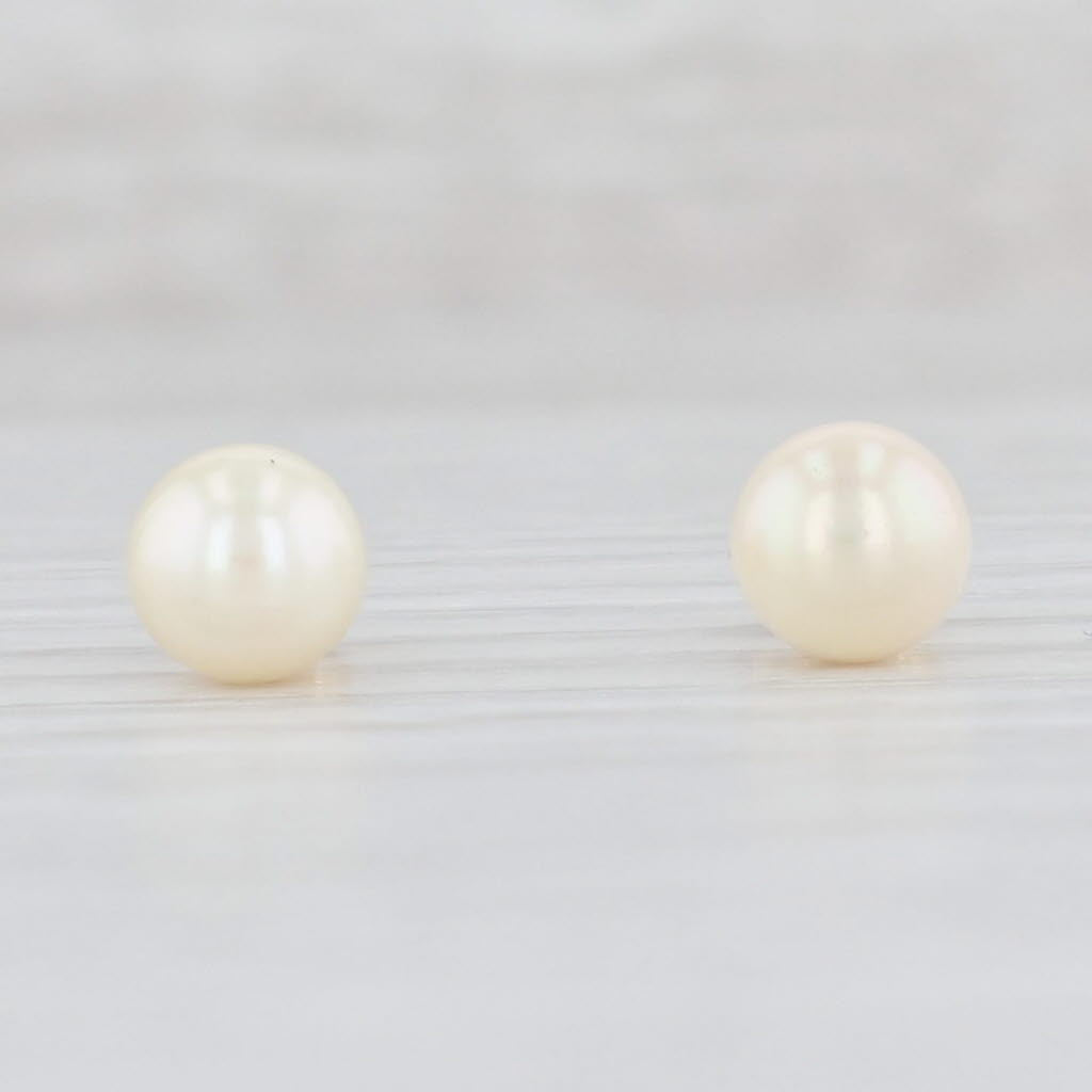 Light Gray Pearl Solitaire Stud Earrings 14k Yellow Gold June Birthstone