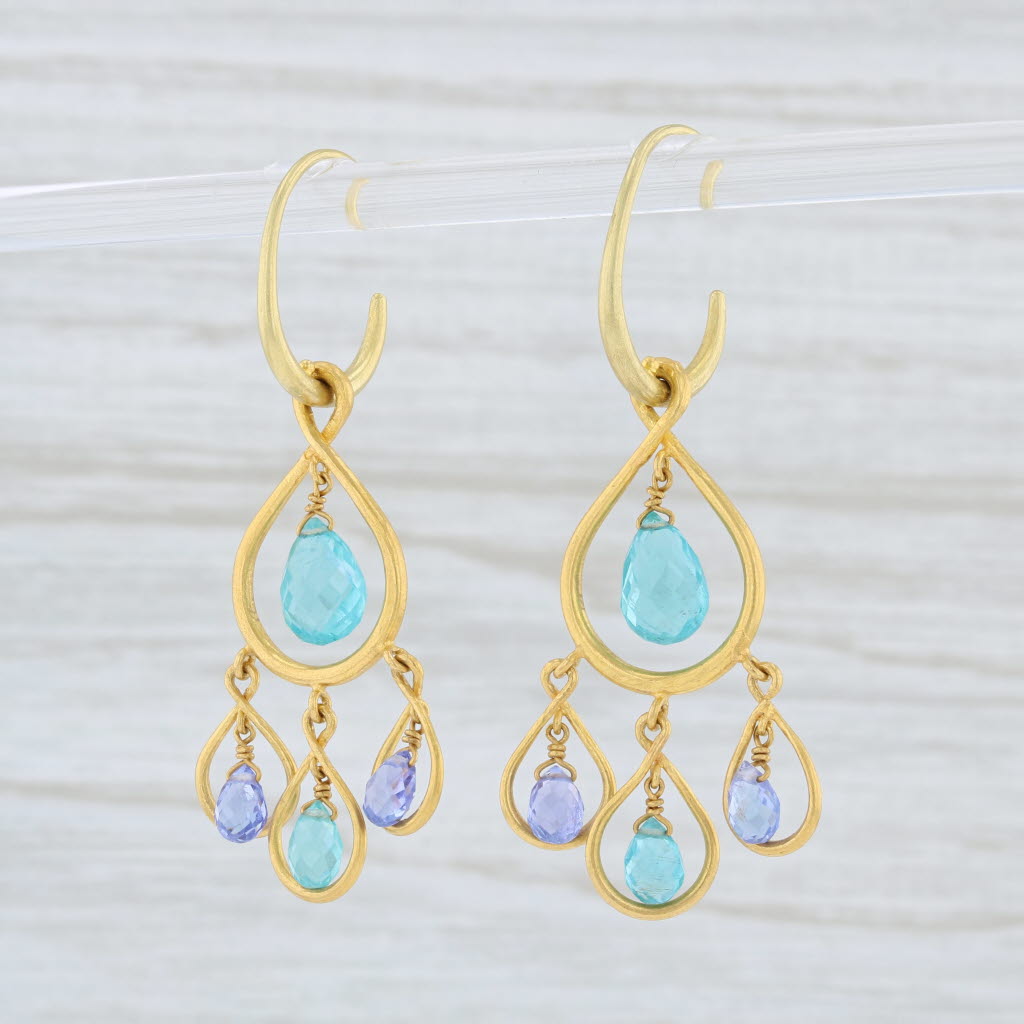 Light Gray Marie Helene de Taillac Blue Apatite Tanzanite Briolette Earrings 22k Gold