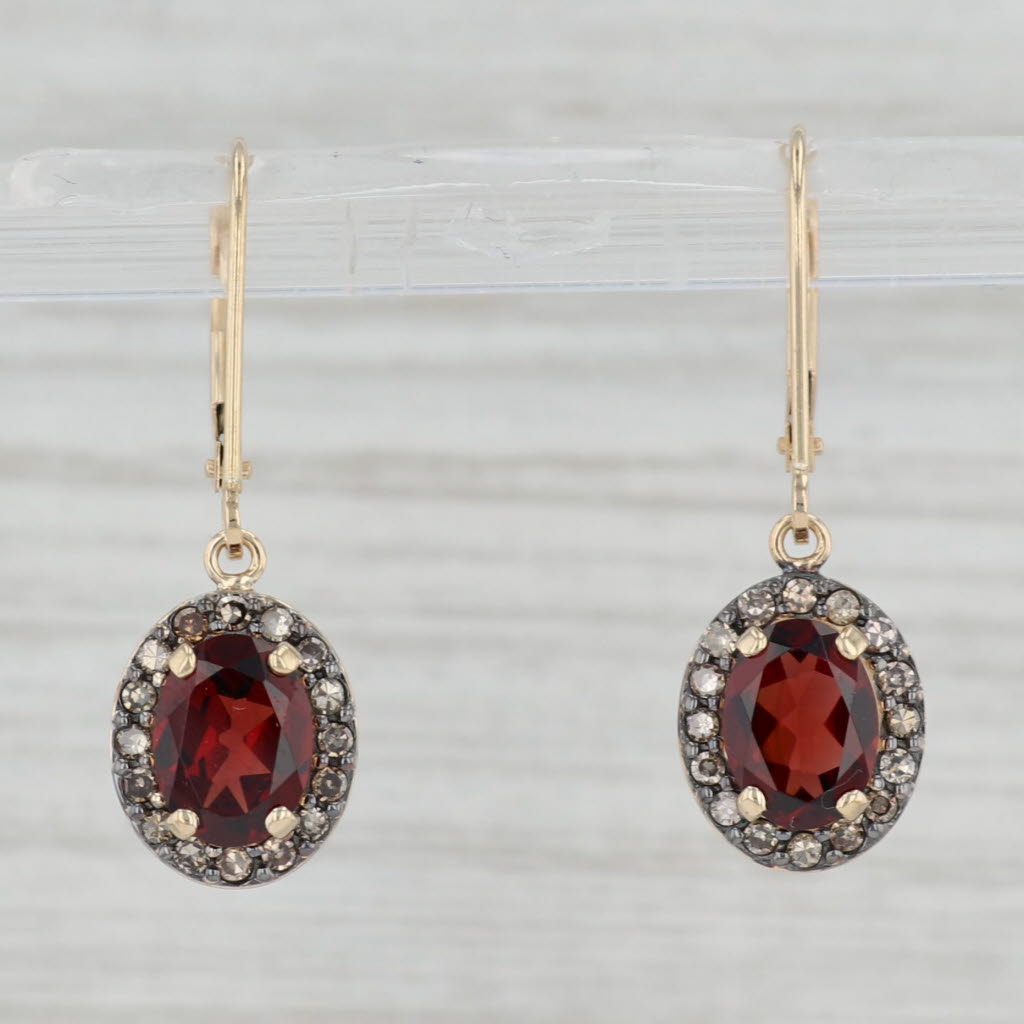 Light Gray 3ctw Garnet Diamond Halo Earrings 14k Yellow Gold Drops Leverback Dangles