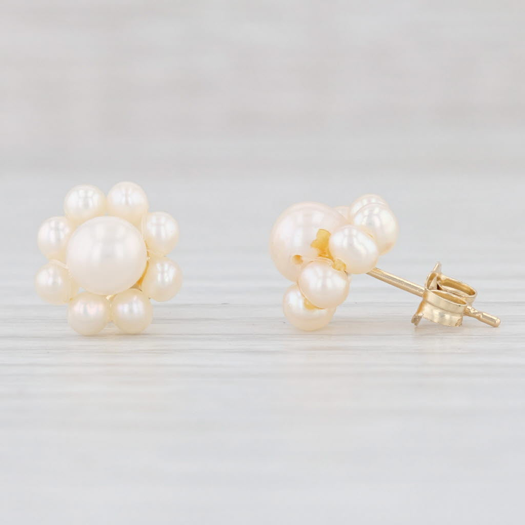 Light Gray Cultured Pearl Halo Stud Earrings 10k Yellow Gold Pierced Studs