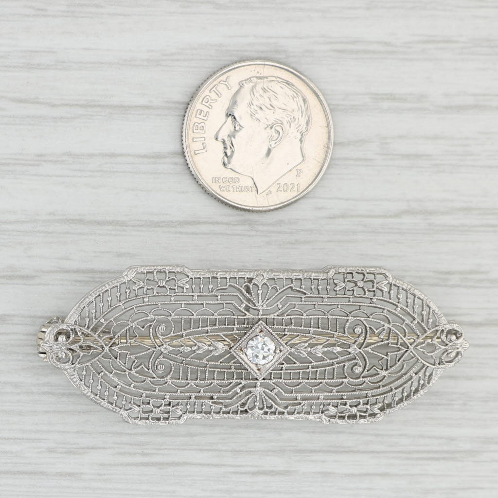 Light Gray Antique Filigree 0.15ct VS2 Diamond Brooch Pendant 14k Gold Platinum Ornate Pin