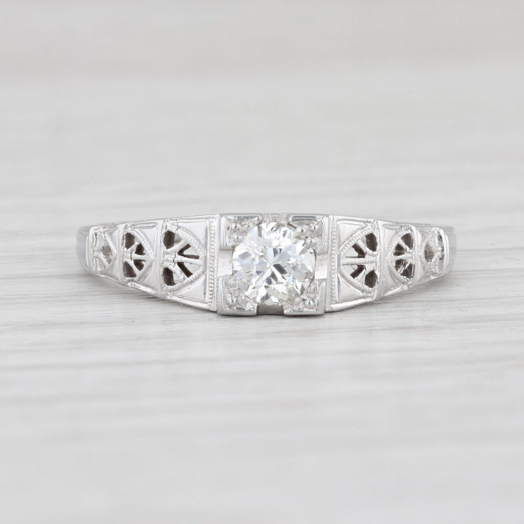 Light Gray Vintage 0.25ct Diamond Engagement Ring 18k White Gold Filigree Sz 6.75 Solitaire