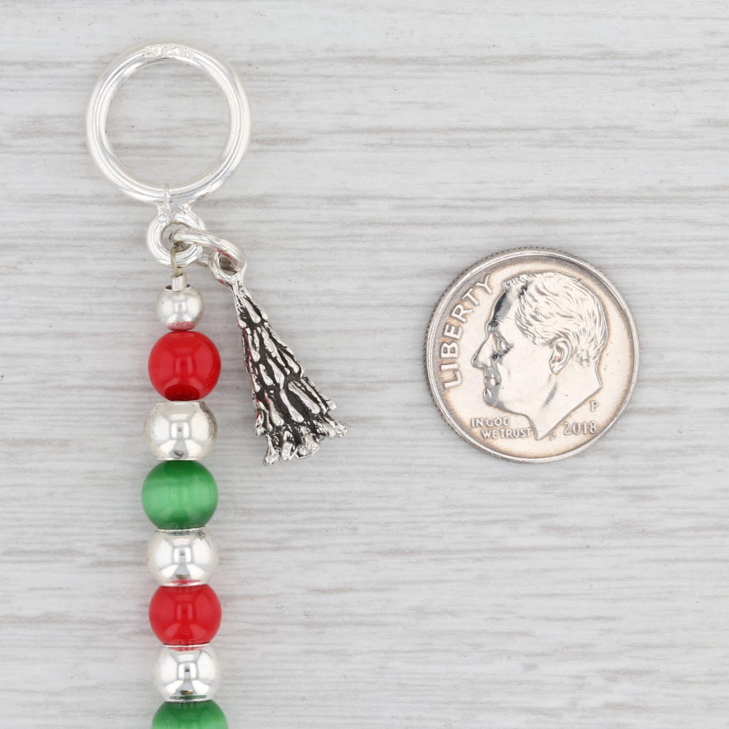 Light Gray New Red Green Glass Bead Bracelet Christmas Tree Charm 7" Sterling Silver Holiday