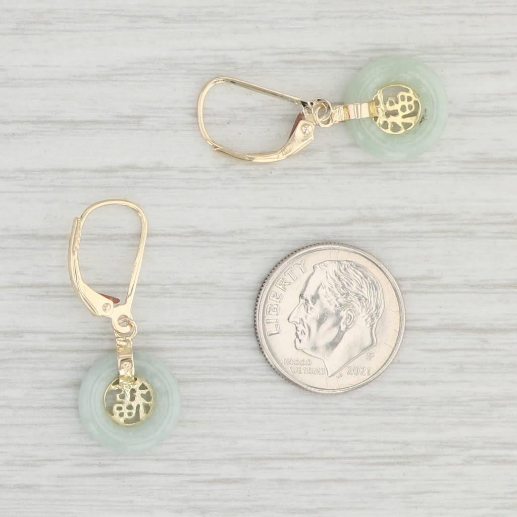 Light Gray Jadeite Jade Tori Earrings 14k Yellow Gold Chinese Character Good Luck Dangles