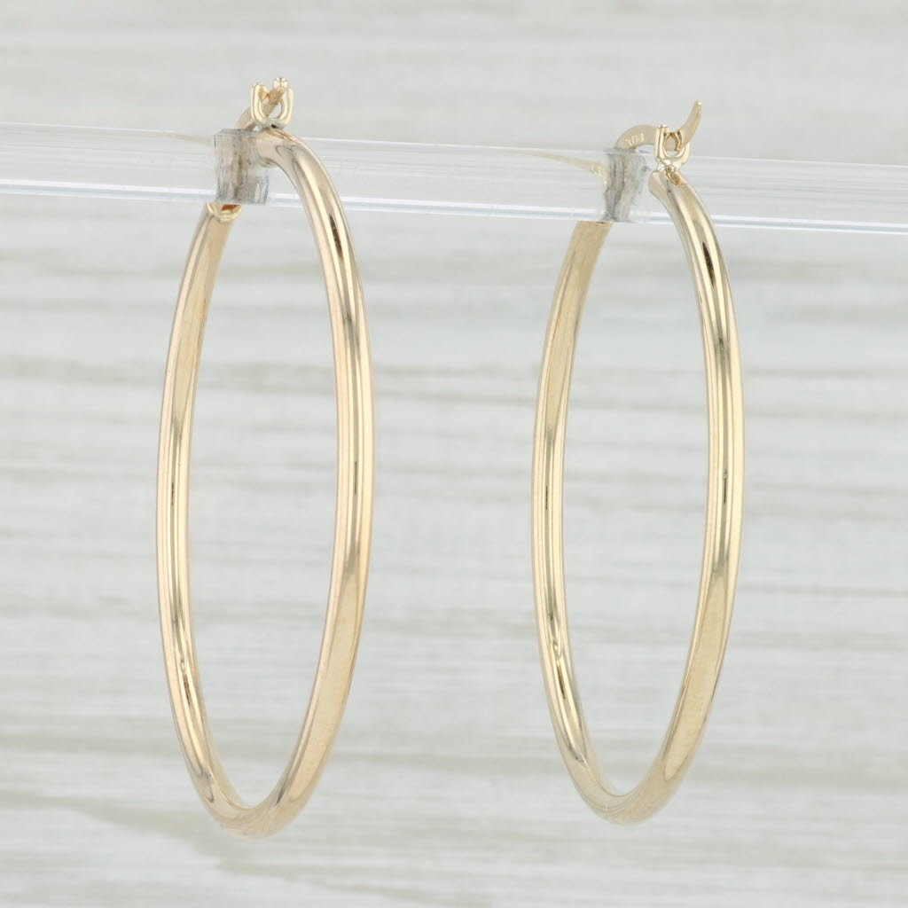 Light Gray New Round Hoop Earrings 14k Yellow Gold 2 x 39mm Pierced Hoops