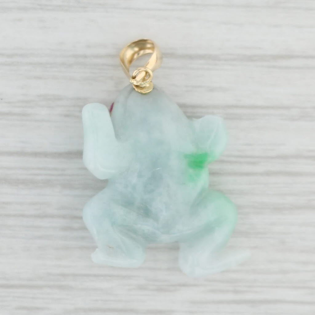 Light Gray Lab Created Ruby Green Jadeite Jade Frog Pendant 14k Yellow Gold Figurine