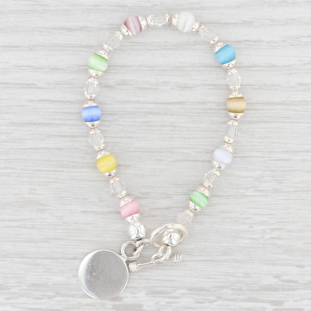 Light Gray New Multi-Color Glass Bead Bracelet Engravable Charm 7.5" Sterling Silver