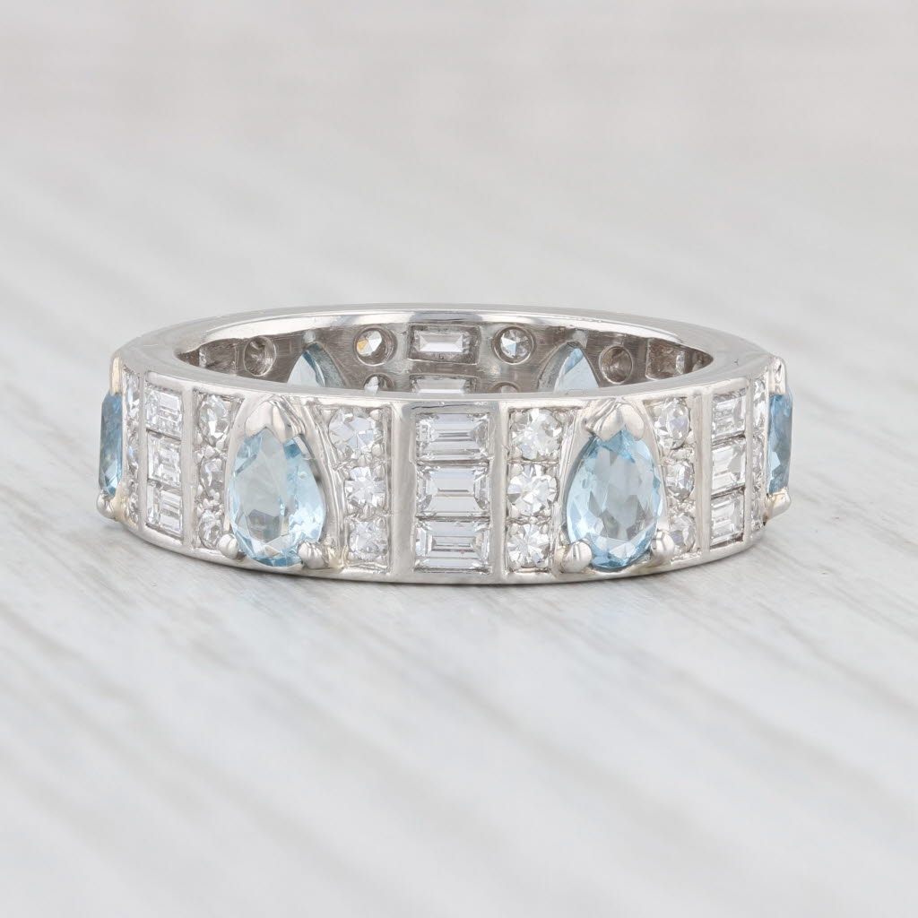 Light Gray Vintage 3.03ctw Aquamarine Diamond Platinum Eternity Ring Size 9 Band