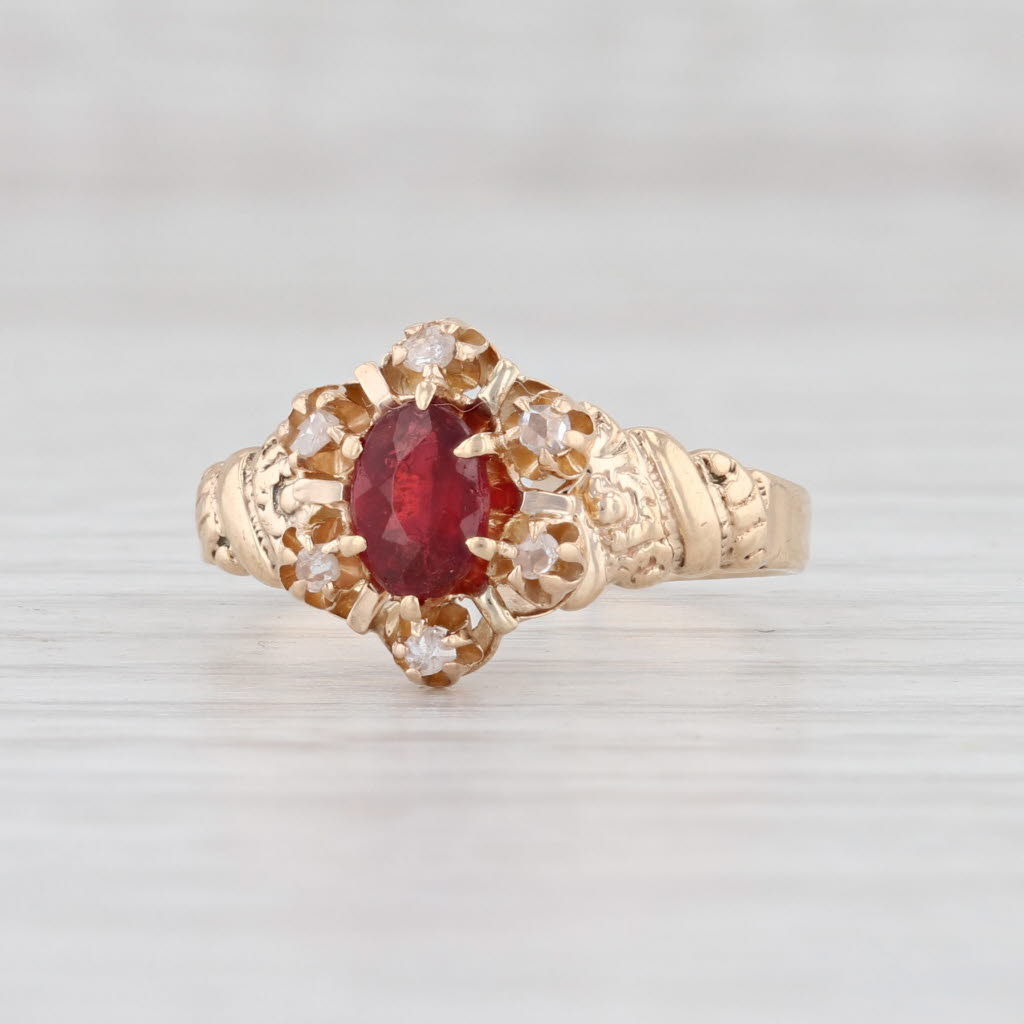 Light Gray Vintage Diamond Halo Garnet Ring 10k Yellow Gold Size 6 Engagement Floral Ornate