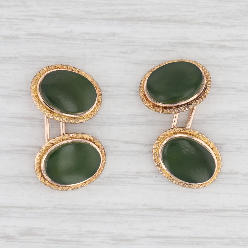 Light Gray Antique Green Nephrite Jade Cuff Links 14k Yellow Gold Oval Cabochon Cufflinks