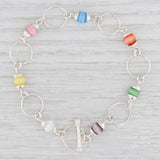 New Multi Color Glass Bead Chain Bracelet Sterling Silver 7.75” Toggle Clasp