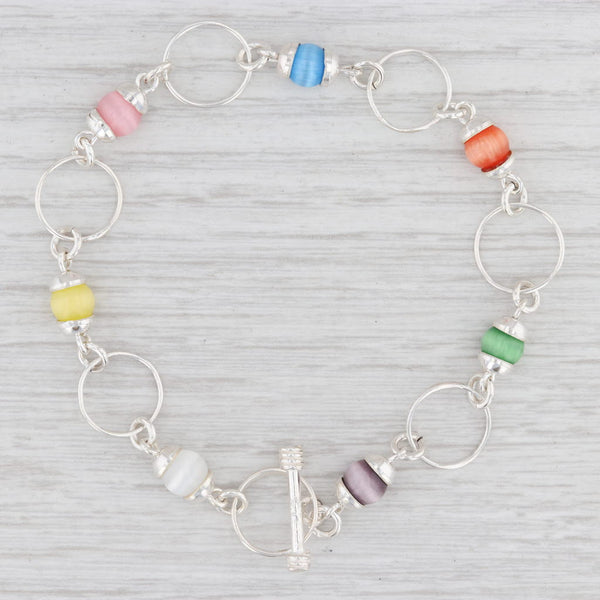 Light Gray New Multi Color Glass Bead Chain Bracelet Sterling Silver 7.75” Toggle Clasp