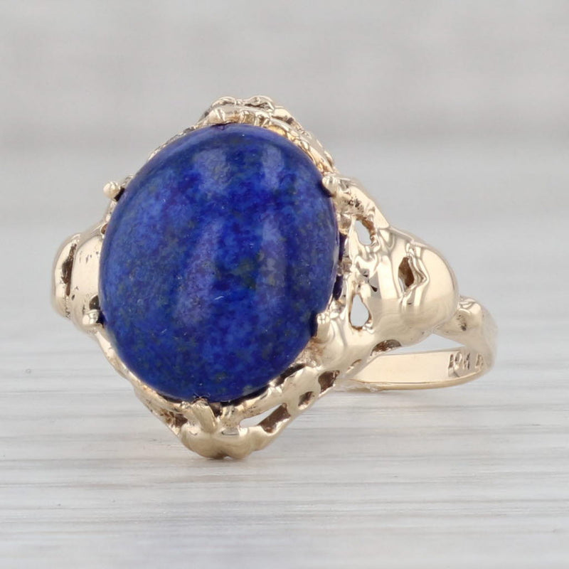Blue Lapis Lazuli Oval Cabochon Solitaire Ring 10k Yellow Gold Heart Accents 6