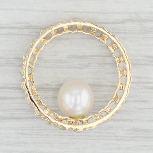 Light Gray 1.50ctw Colorless White Sapphire Cultured Pearl Circle Pendant 10k Yellow Gold