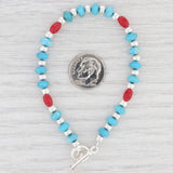 Light Gray New Blue Red Glass Bead Bracelet Sterling Silver 7” 6mm Toggle Clasp