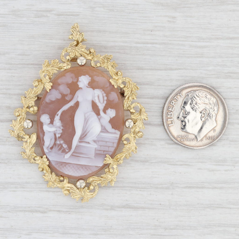 Light Gray Figural Carved Shell Cameo Pendant Brooch 10k Gold Floral Wreath Woman Children