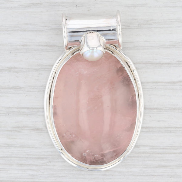 Light Gray New Rose Quartz Cultured Pearl Pendant 925 Sterling Silver Statement