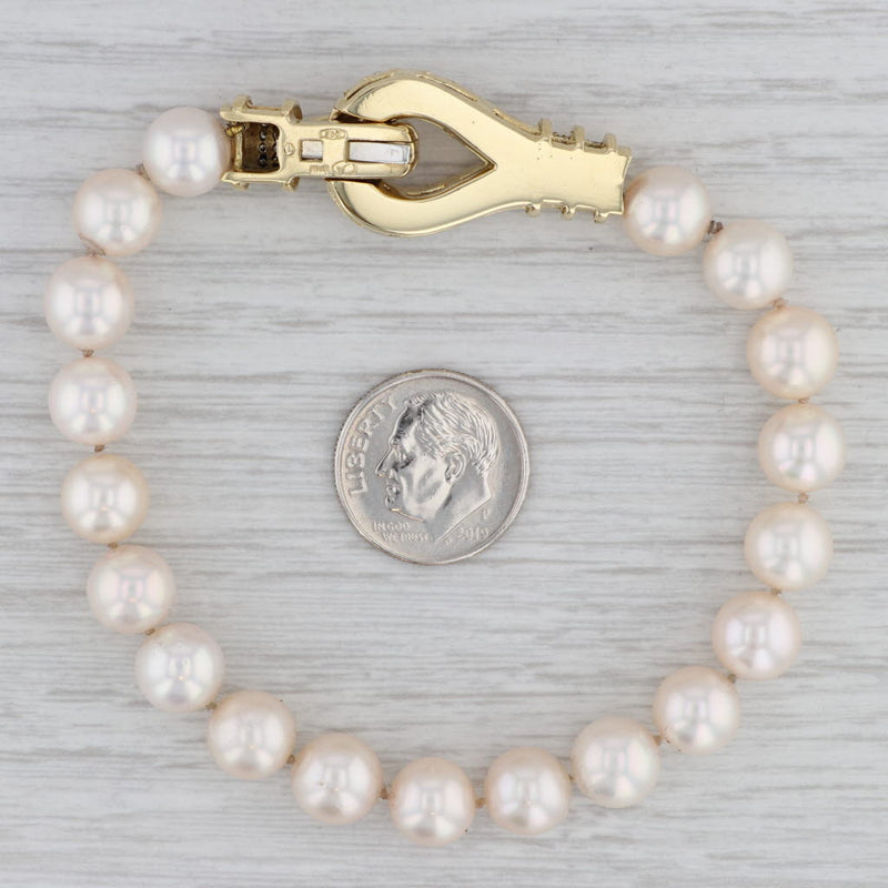 Cultured Pearl 1.13ctw Diamond Statement Bracelet 18k Yellow Gold 7.75"