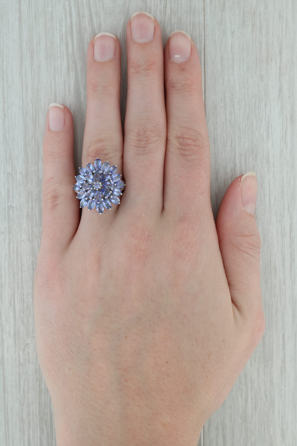 Dark Gray 6.35ctw Tanzanite Flower Cluster Ring 10k White Gold Size 8.5 Cocktail