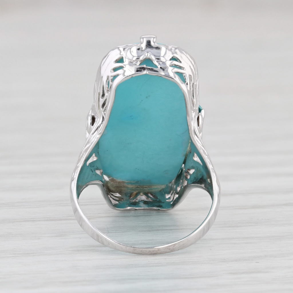 Light Gray Vintage Stabilized Turquoise Ring 14k White Gold Size 2.5 Oval Cabochon