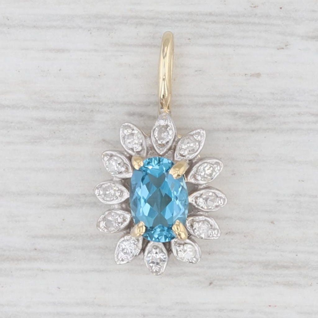 Light Gray 0.60ctw Blue Topaz Diamond Halo Pendant 14k Gold Flower Drop