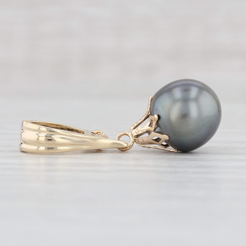 Light Gray Black Cultured Pearl Pendant 14k Yellow Gold Solitaire Drop