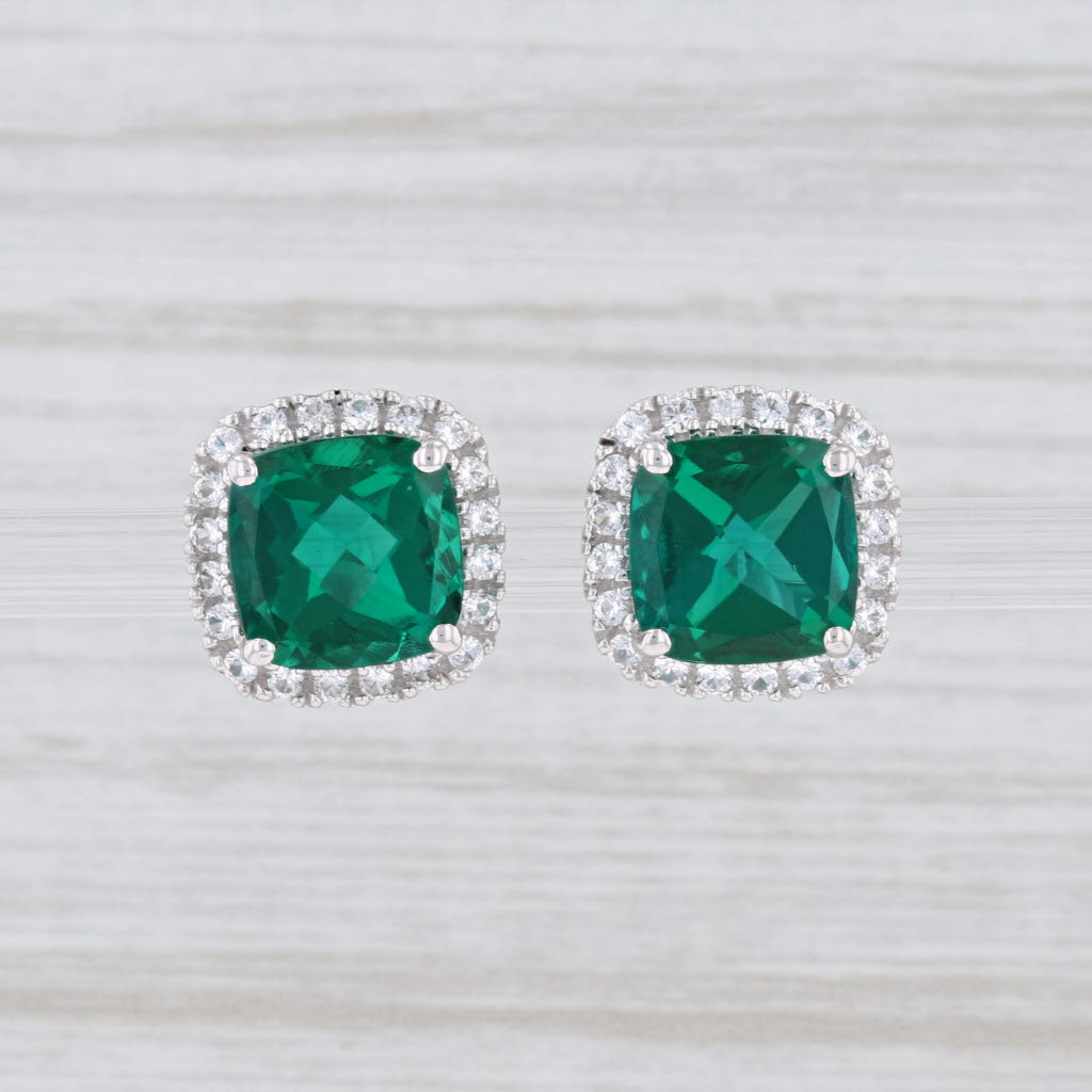 Light Gray New Synthetic Emerald Synthetic White Sapphire Halo Stud Earrings 14k White Gold