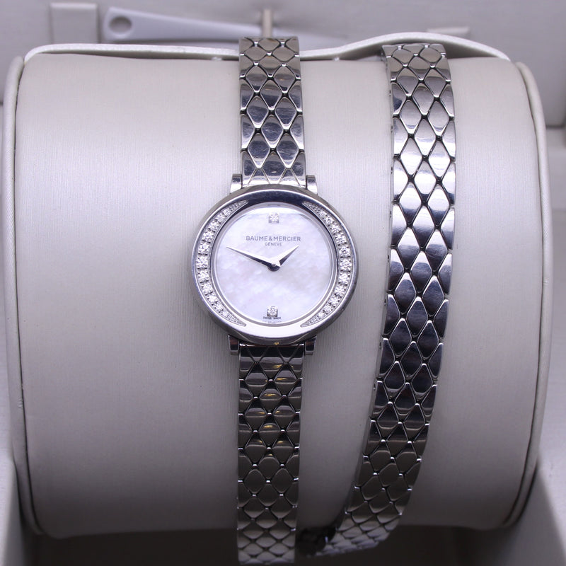 Gray Baume Mercier Ladies Steel Double Bracelet Petit Promesse Diamond MOP Watch Box