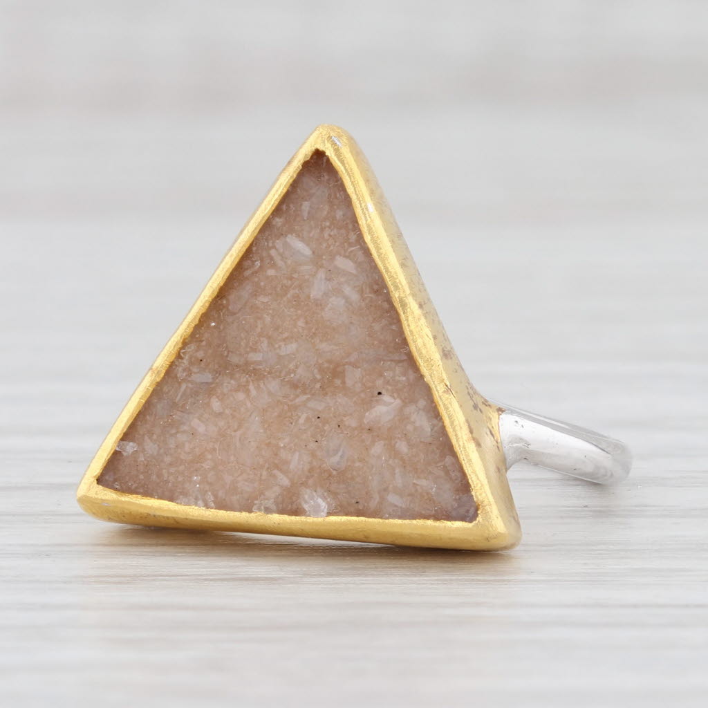 Light Gray New Nina Nguyen Ring Bamboo Trio Sand Druzy Quartz Sterling Silver 22k Vermeil