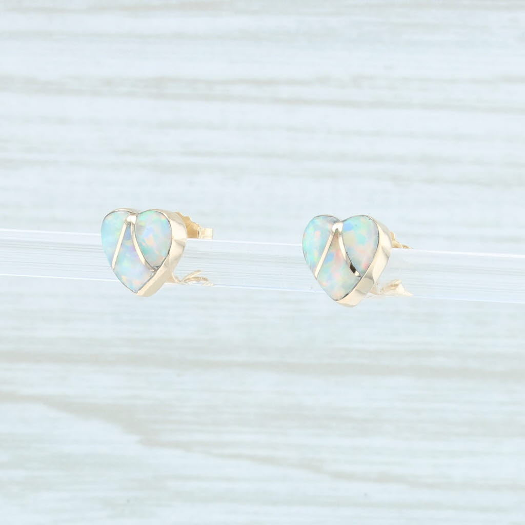 Lavender New Synthetic Opal Mosaic Heart Stud Earrings 14k Yellow Gold Pierced