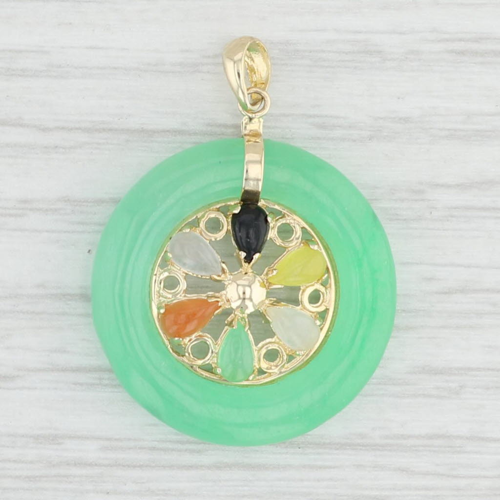 Light Gray Multi-Color Jadeite Jade Hololight Flower Pendant 14k Yellow Gold