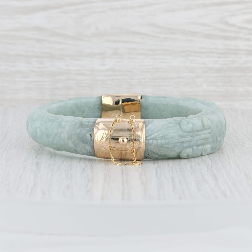 Light Gray Carved Jade Dragon Bangle Bracelet 14k Gold Green Jadeite 7" Asian Statement