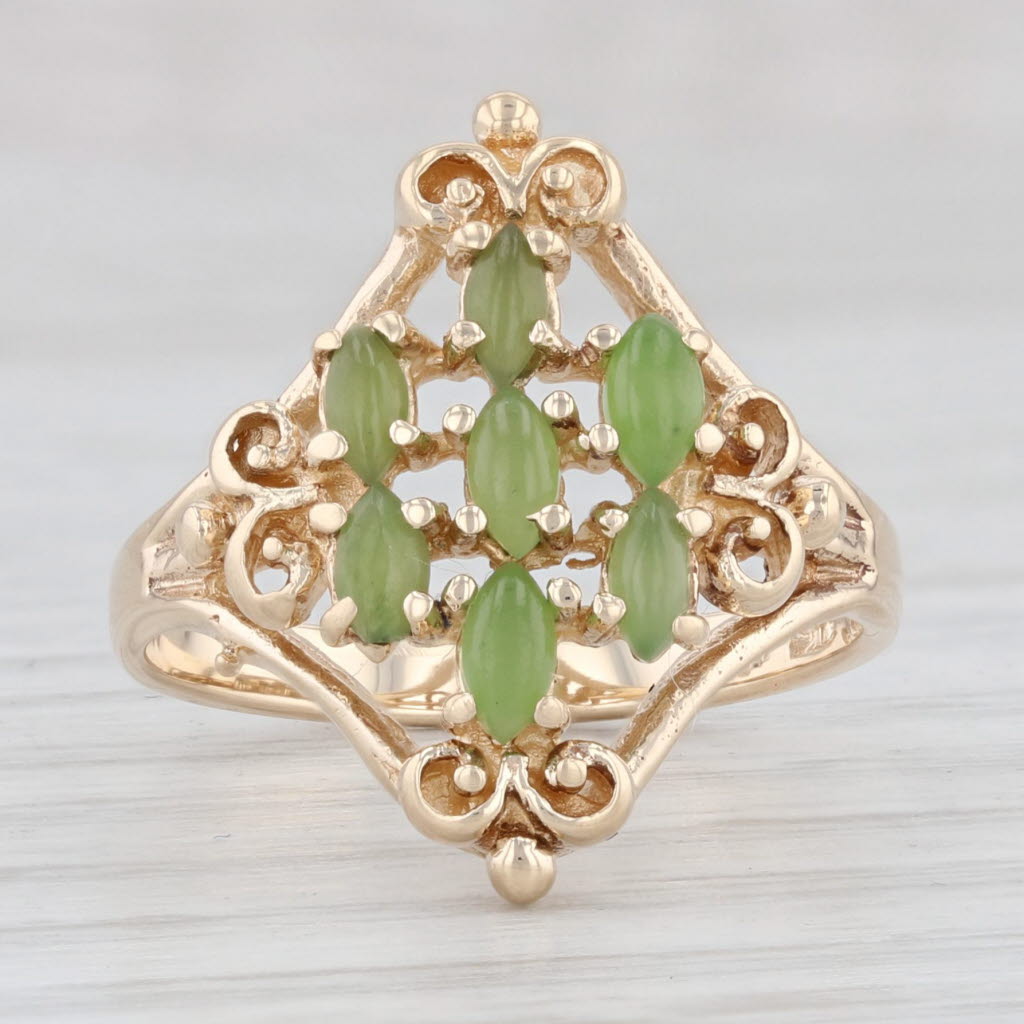 Light Gray Green Nephrite Jade Cluster Ring 10k Yellow Gold Size 6 Fleur -de-lis