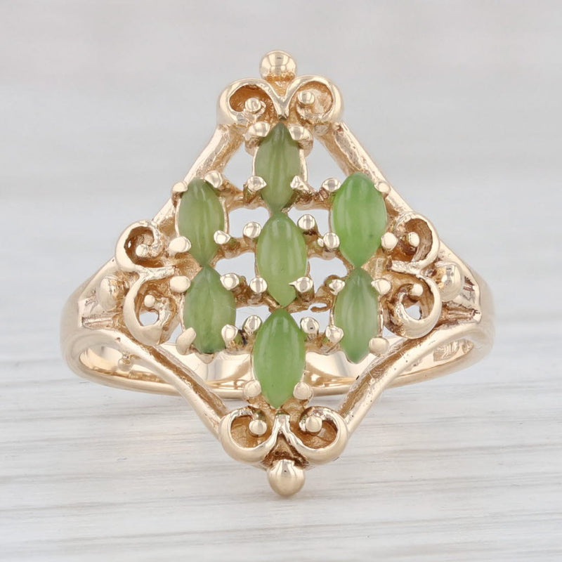 Green Nephrite Jade Cluster Ring 10k Yellow Gold Size 6 Fleur -de-lis