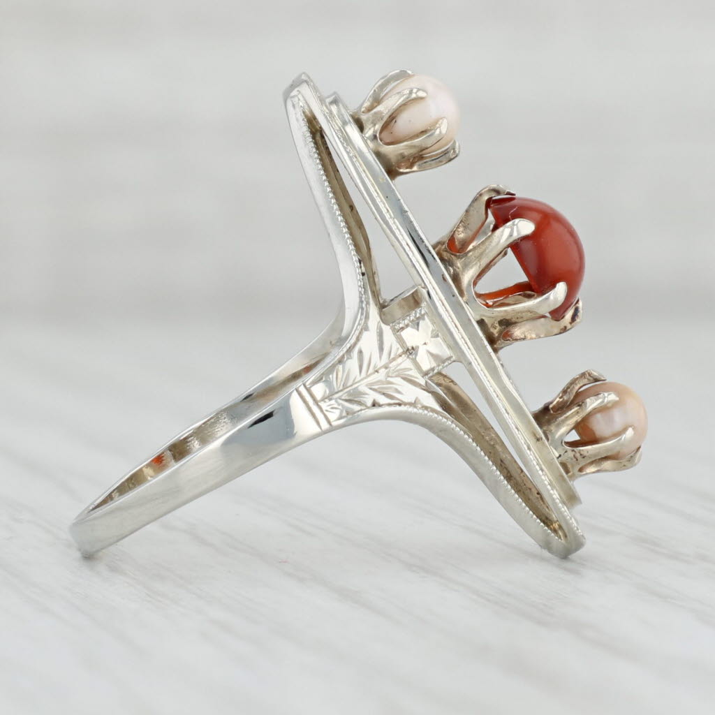 Light Gray Edwardian Cultured Pearl Carnelian Ring 14k White Gold Size 6.75 Antique Floral