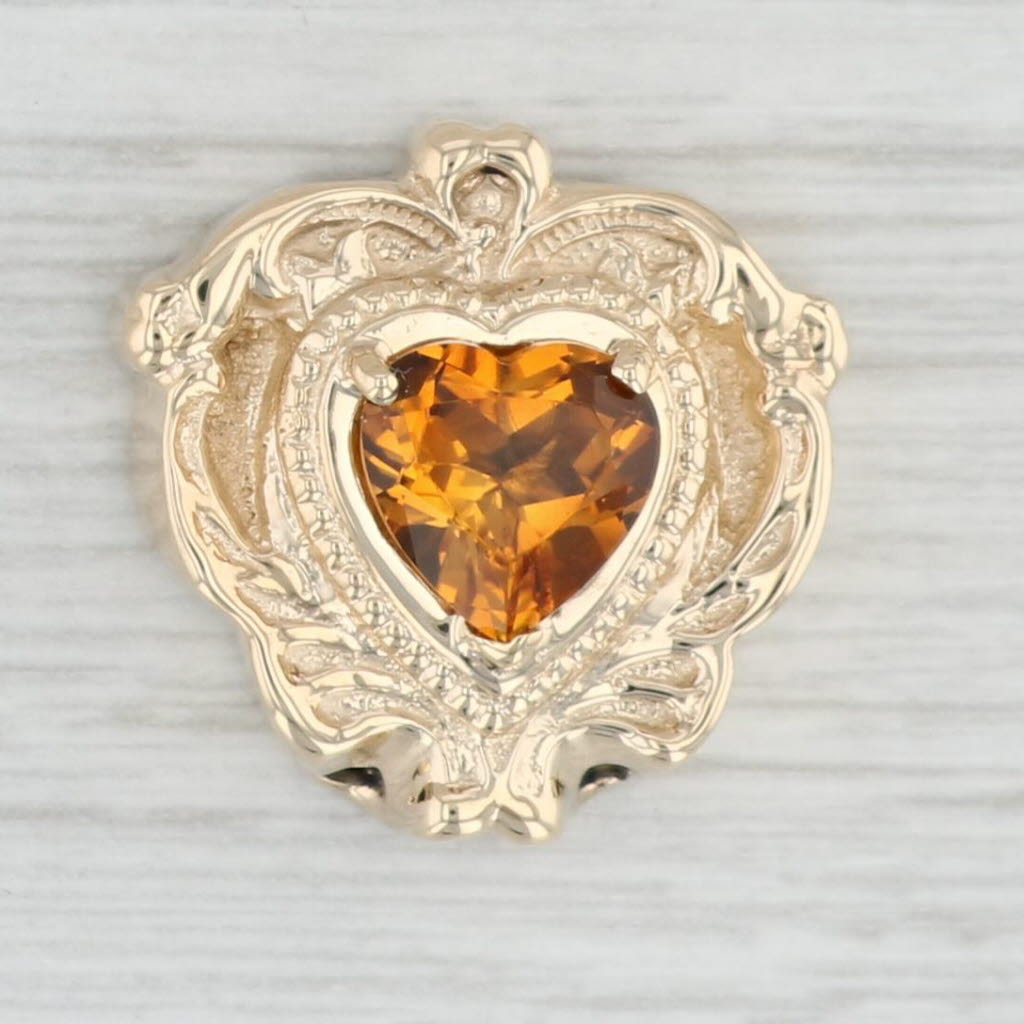 Light Gray 1.55ct Citrine Heart Slide Bracelet Charm 14k Yellow Gold GK Vintage Ornate