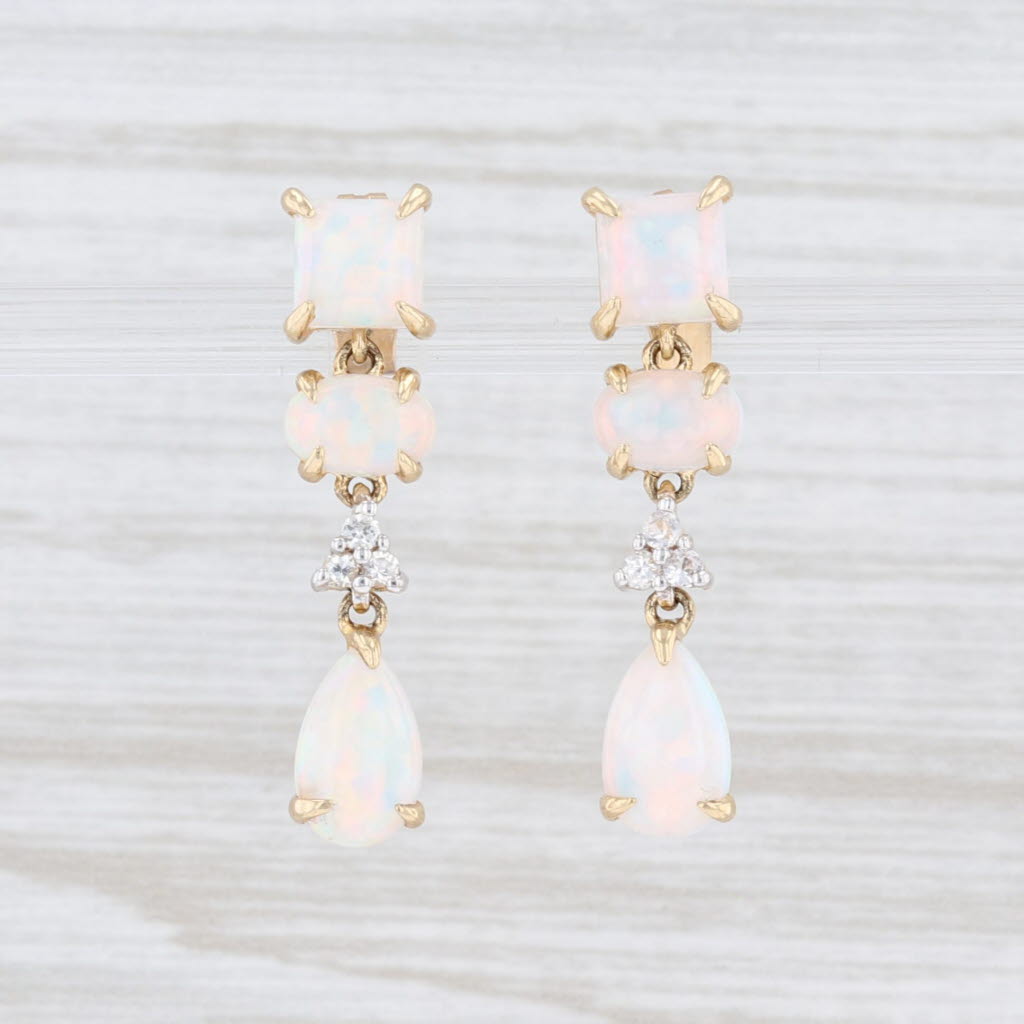 Light Gray New Synthetic Opal White Sapphire Dangle Earrings 10k Yellow Gold Pierced Drop