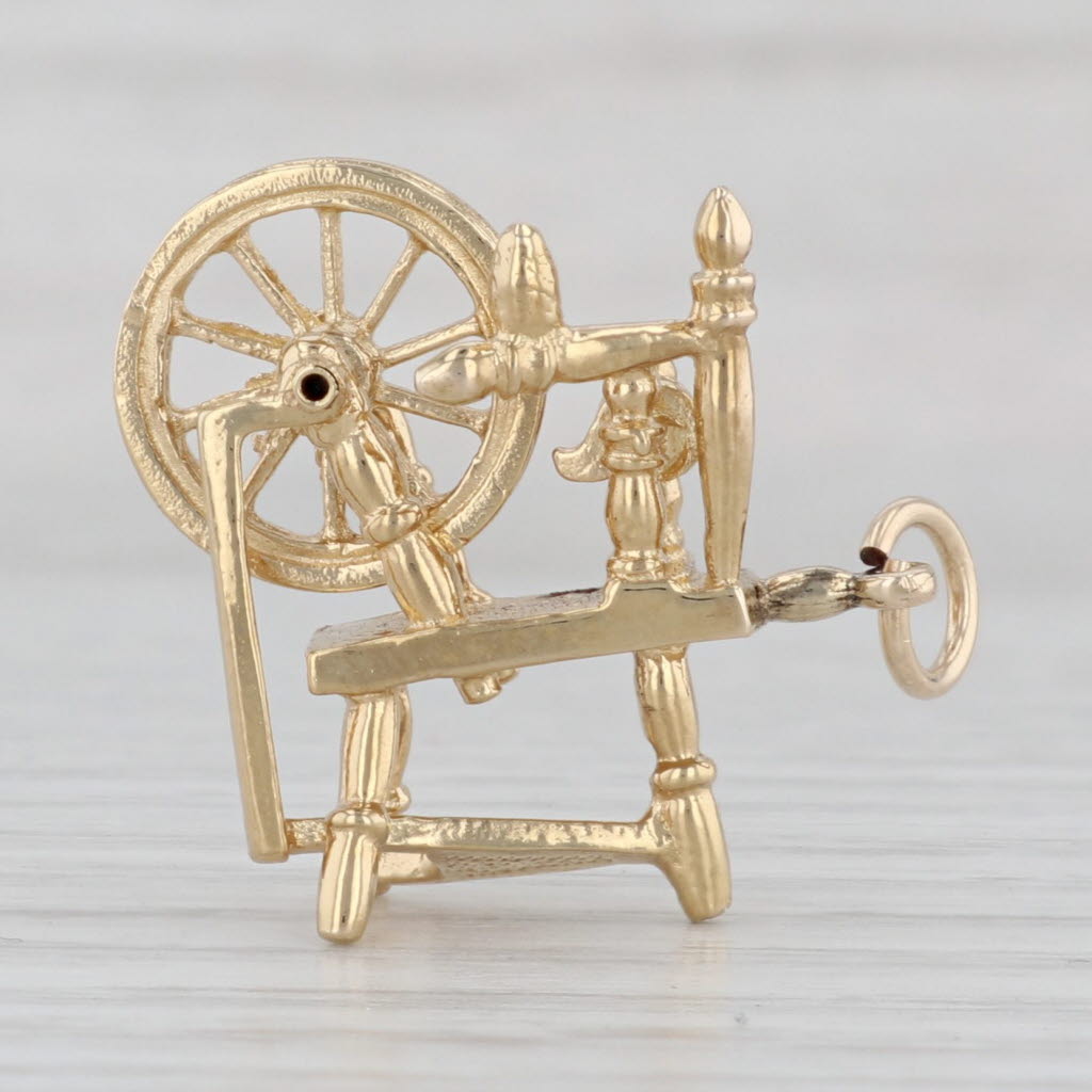 Gray Sewing Spinning Wheel Charm 14k Yellow Gold 3D Moving Parts Pendant