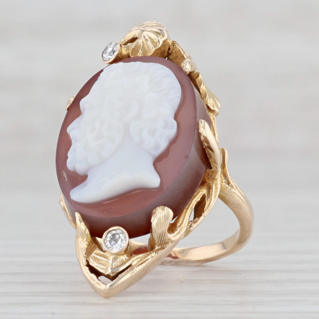 Light Gray Antique Sardonyx Cameo Diamond Ring 10k Yellow Gold Size 5 Male Figural