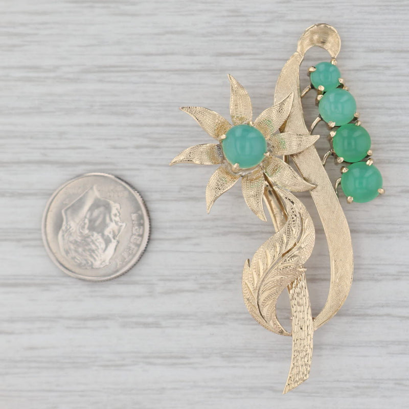 Vintage Green Chrysoprase Flower Brooch 14k Yellow Gold Floral Statement Pin