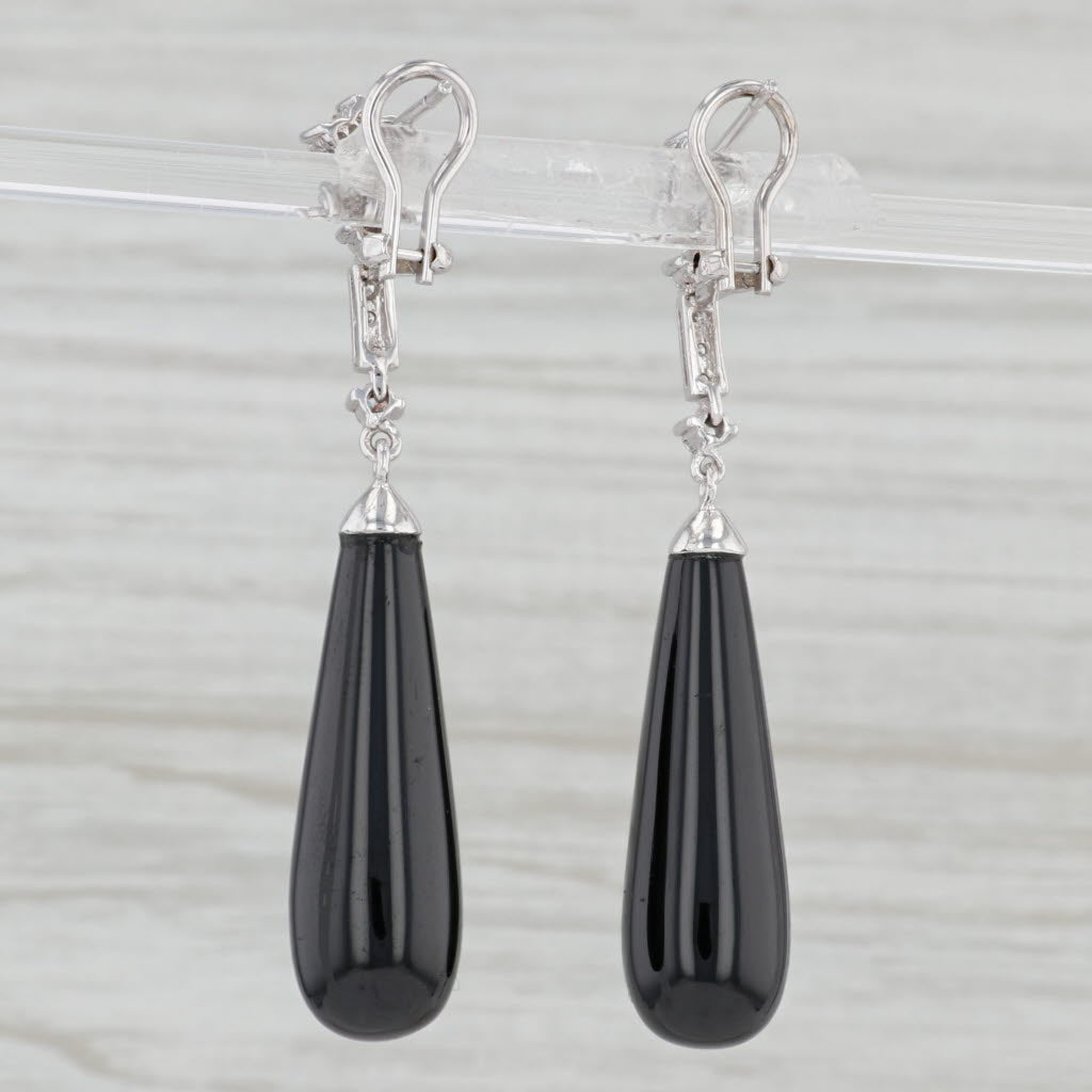 Light Gray Diamond Black Glass Drop Dangle Earrings 14k White Gold Pierced Omega Backs