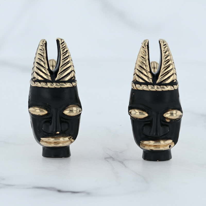 Tribal Mask Figural Cuff Links Swank Folding Bar Cufflinks Black & Gold