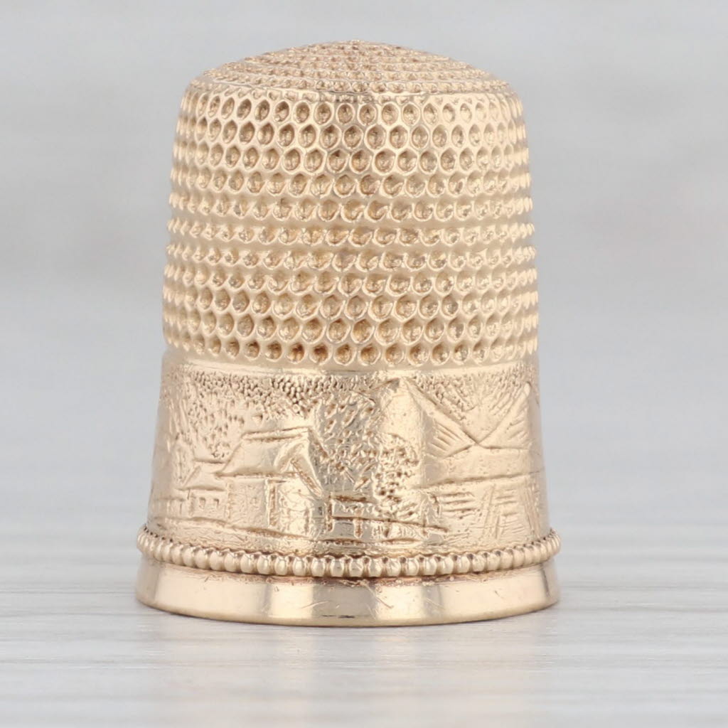 Gray Antique Simons Bros Mountain Scene Thimble 14k Yellow Gold Engraved Sewing