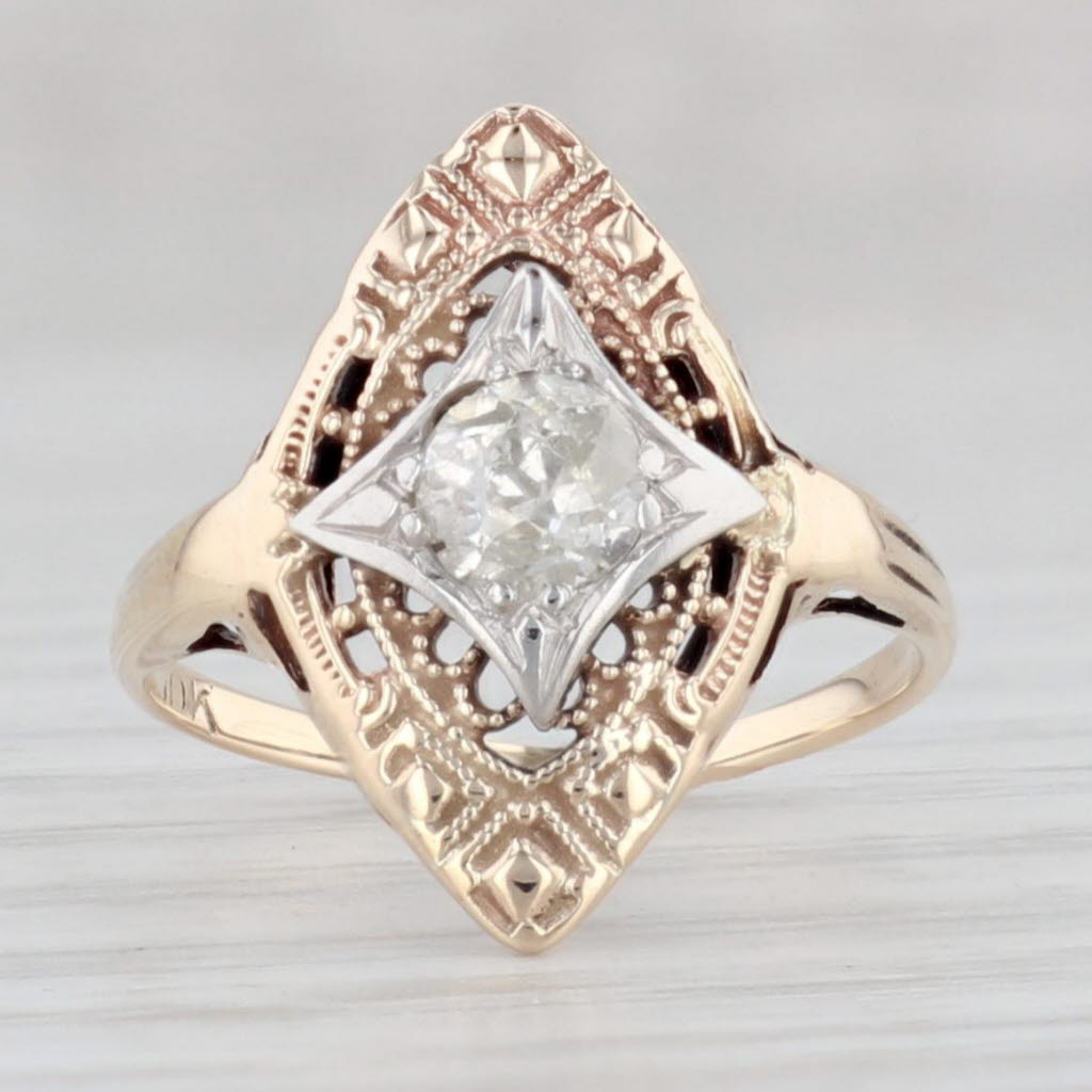 Light Gray Vintage 0.27ct Diamond Solitaire Ring 10k Yellow Gold Size 3.5 Ornate Filigree