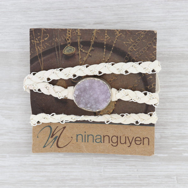 Light Gray New Nina Nguyen Cordelia Necklace Amethyst Druzy Woven White Leather Tags